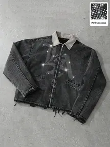 American High Street Letter Rhinestone Casual Jacket, Washed Vintage Frayed Edge, Loose Fit Zipper Outerwear, Street Style Coat