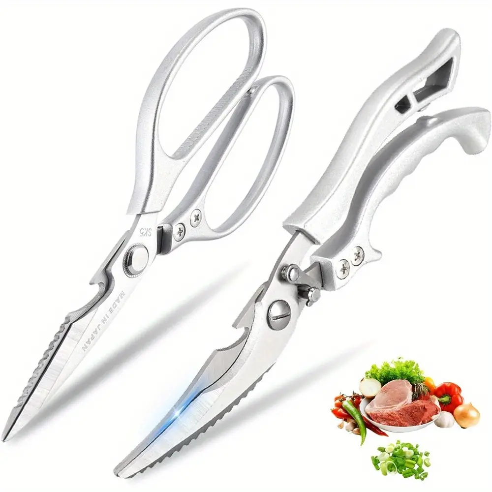 2pcs Stainless-Steel Aluminum Kitchen Scissors, Kitchenware Cutting Utensils with Non-Slip Plastic Handle, Safety Lock for Meat Preparation