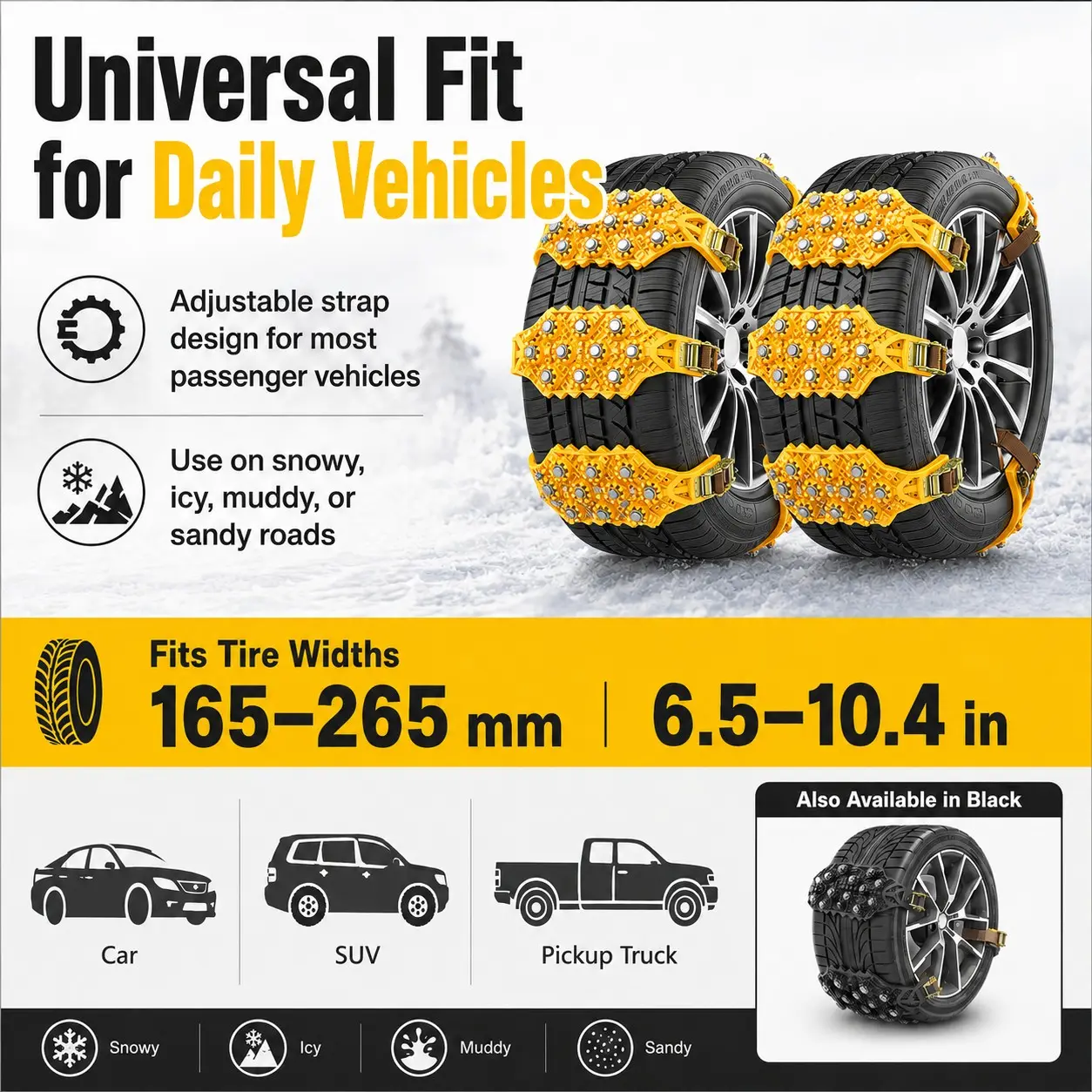 Universal Car Tire Snow Chains Anti-Skid Traction Strap, Adjustable Portable Emergency Snow Chain for Car SUV Pickup Truck, Durable Winter Tire Grip Belt for Snow Mud Sand Icy Road, Outdoor Auto Wheel Safety Accessories Driving