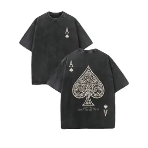 Retro Washed T-Shirt Double Sided Printed (230 Pure Cotton T-Shirt) 'LUCK AND STRENGTH'  Letter And Ace Of Spades Pattern Print, Men's T-Shirt, Men's Casual, Comfortable, Fashionable T-Shirt, Street Style Cotton
