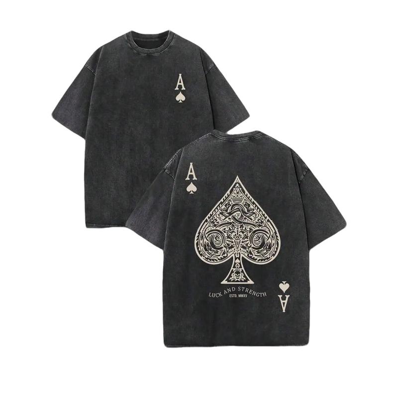 Retro Washed T-Shirt Double Sided Printed (230 Pure Cotton T-Shirt) 'LUCK AND STRENGTH' Letter And Ace Of Spades Pattern Print, Men's T-Shirt, Men's Casual, Comfortable, Fashionable T-Shirt, Street Style Cotton