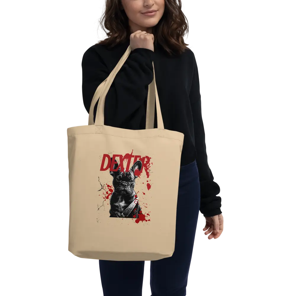 Dexter French Bulldog Organic Cotton Tote Bag | Funny Dark Humor Dog Lover Gift | Reusable Eco Shopping Bag | Frenchie Mom Halloween Tote