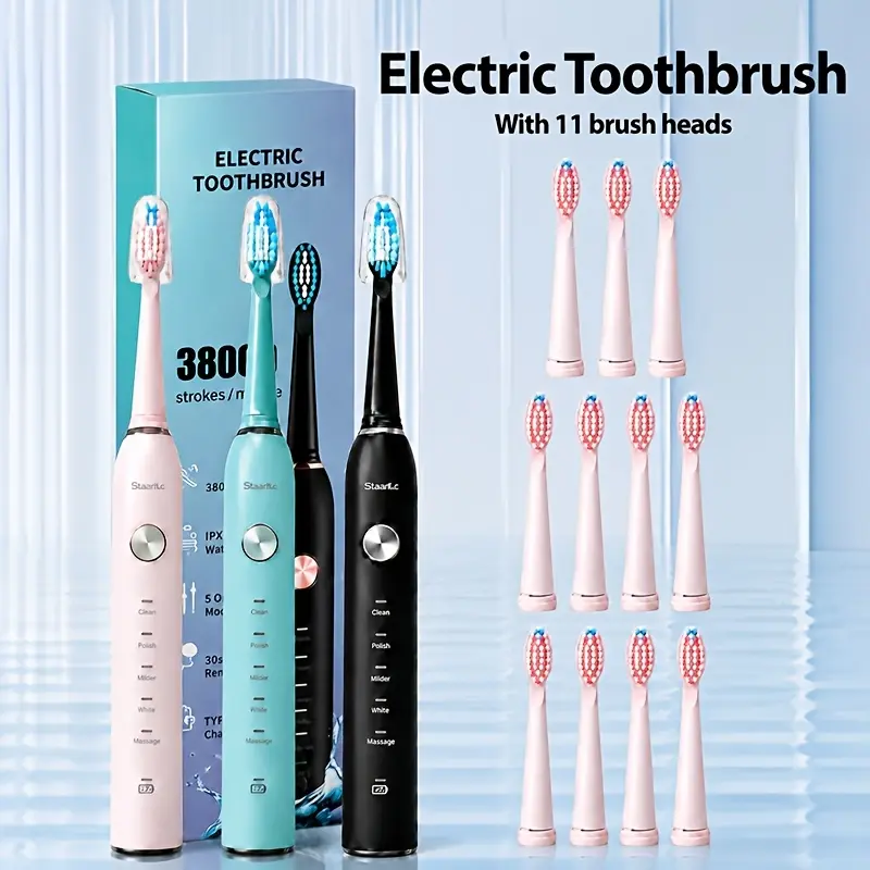 Staaricc IPX7 Waterproof Sonic Electric Toothbrush for Adults, USB-Type-C Direct Charging, Couple Style, Metal Shaft, Rechargeable, Ergonomic, Intelligent Timer, 11 Brush Heads, Brightening, Replaceable Heads