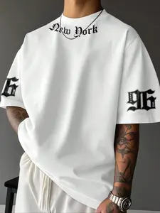 Manfinity EMRG Men's Casual Letter Print Short Sleeve T-Shirt, Summer Oversized White T Shirt Men Men Slogan Graphic Drop Shoulder Tee Street Wear Tee 96 Graphic Tee New York Graphic Tee Streetwear