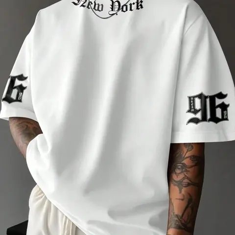 Manfinity EMRG Men's Casual Letter Print Short Sleeve T-Shirt, Summer Oversized White T Shirt Men Men Slogan Graphic Drop Shoulder Tee Street Wear Tee 96 Graphic Tee New York Graphic Tee Streetwear Round Neck