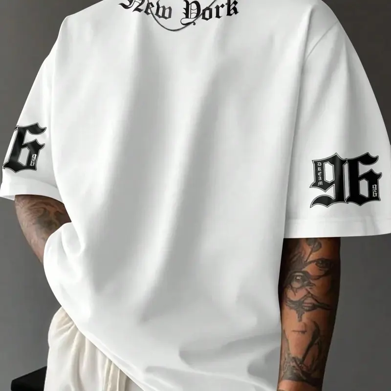 Manfinity EMRG Men's Casual Letter Print Short Sleeve T-Shirt, Summer Oversized White T Shirt Men Men Slogan Graphic Drop Shoulder Tee Street Wear Tee 96 Graphic Tee New York Graphic Tee Streetwear Round Neck