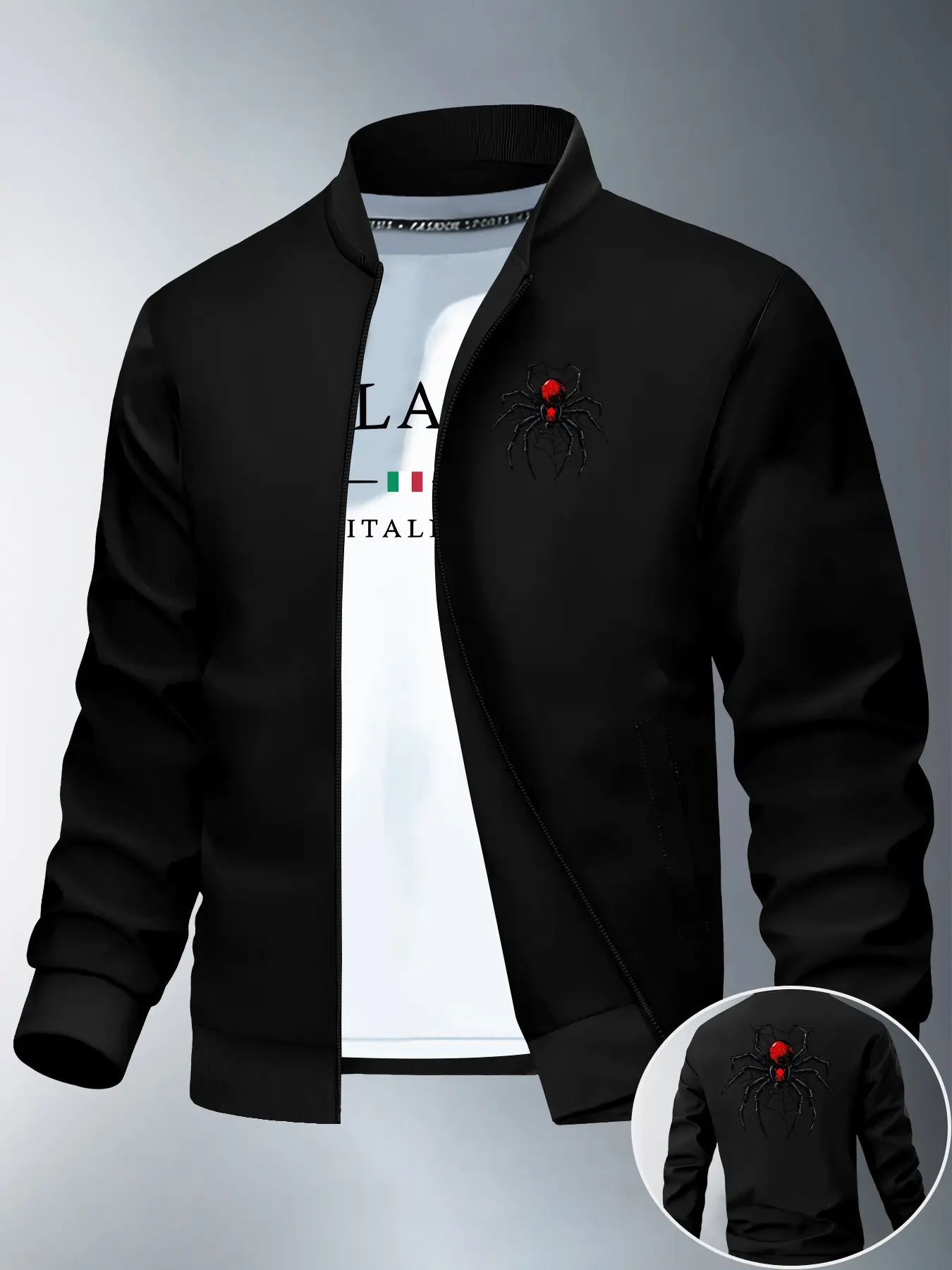 Men's Spider Print Baseball Jacket, Spring Fall Casual Zip-Up Cardigan, Front Back Print Trendy Windproof Coat, Long Sleeve Slim Fit Tops