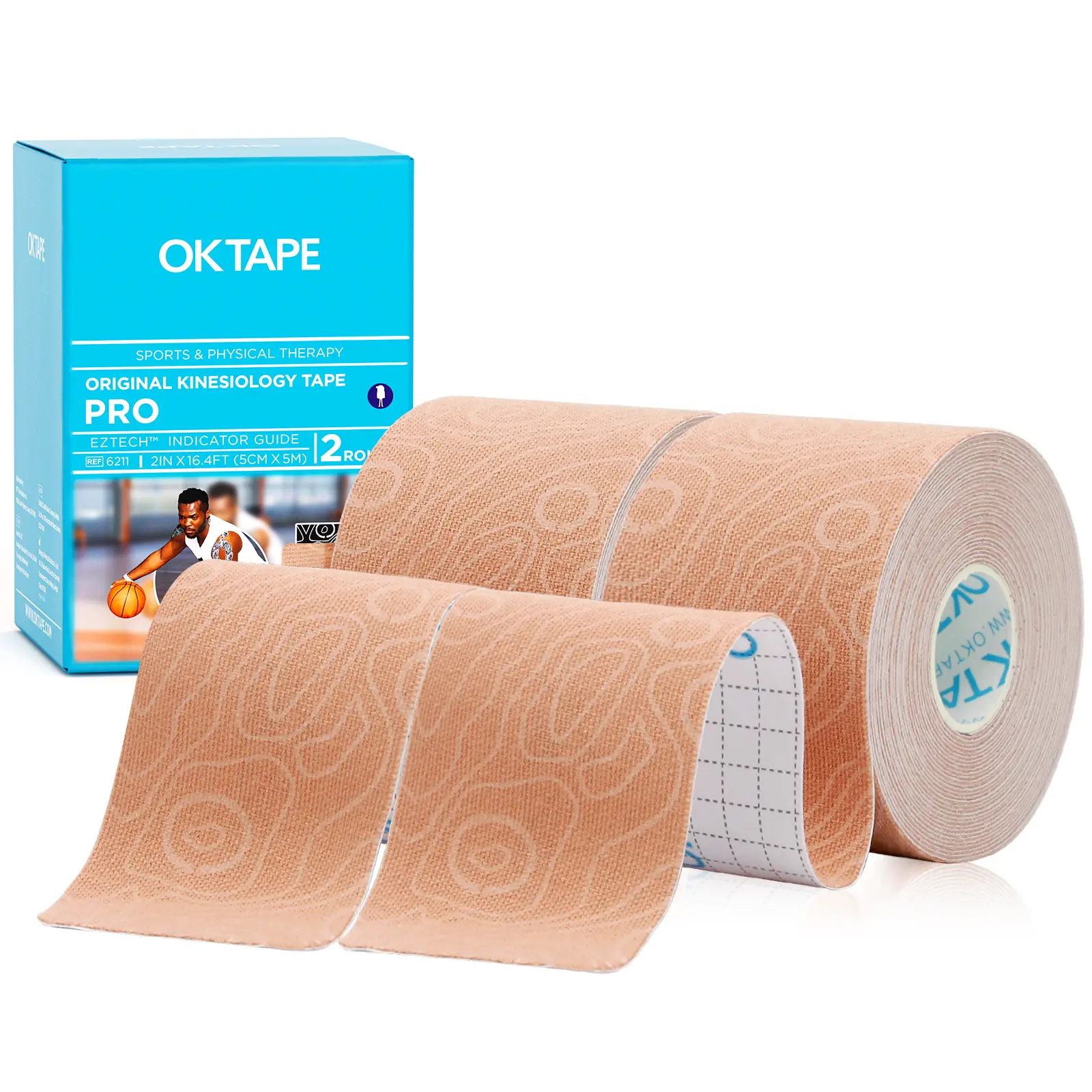 OKTAPE PRO Kinesiology Tape 2 Rolls - 2inch x Long Roll 16ft, Cotton Latex Free Elastic Athletic Tape for Knee Ankle Pain Injuries Back and Sprains Elbow Wraps Gymnastics Tape