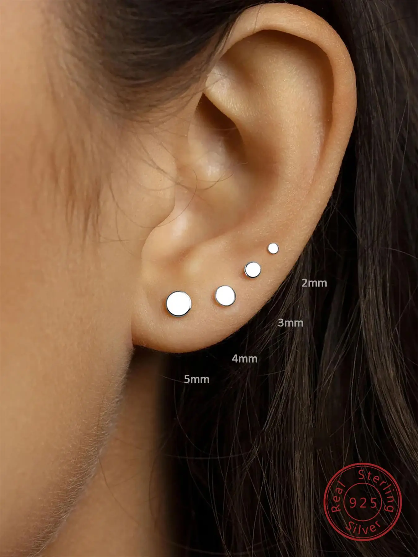 925 Sterling Silver Flat Earrings, Small Round Disc Stud Earrings, Dainty Cartilage Tragus Circle Triangle Earrings