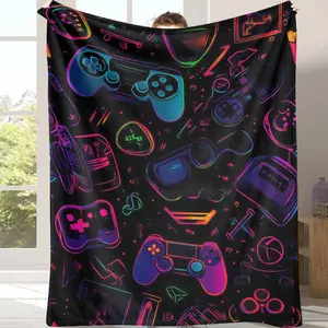 Neon Video Game Controller Flannel Blanket Retro Gaming Print Soft Warm Cozy Lightweight Perfect for Bedroom Living Room Home Theater Gamer Gift Lounge Decor
