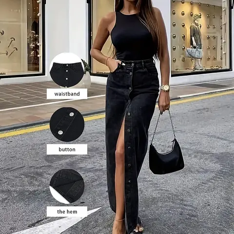 Women's Denim Skirt, High Waist Skirt, Elegant Chic Fashion Casual Maxi Long Skirt for Daily Outdoor Wear, Ladies Bottoms for All Seasons, Womenswear