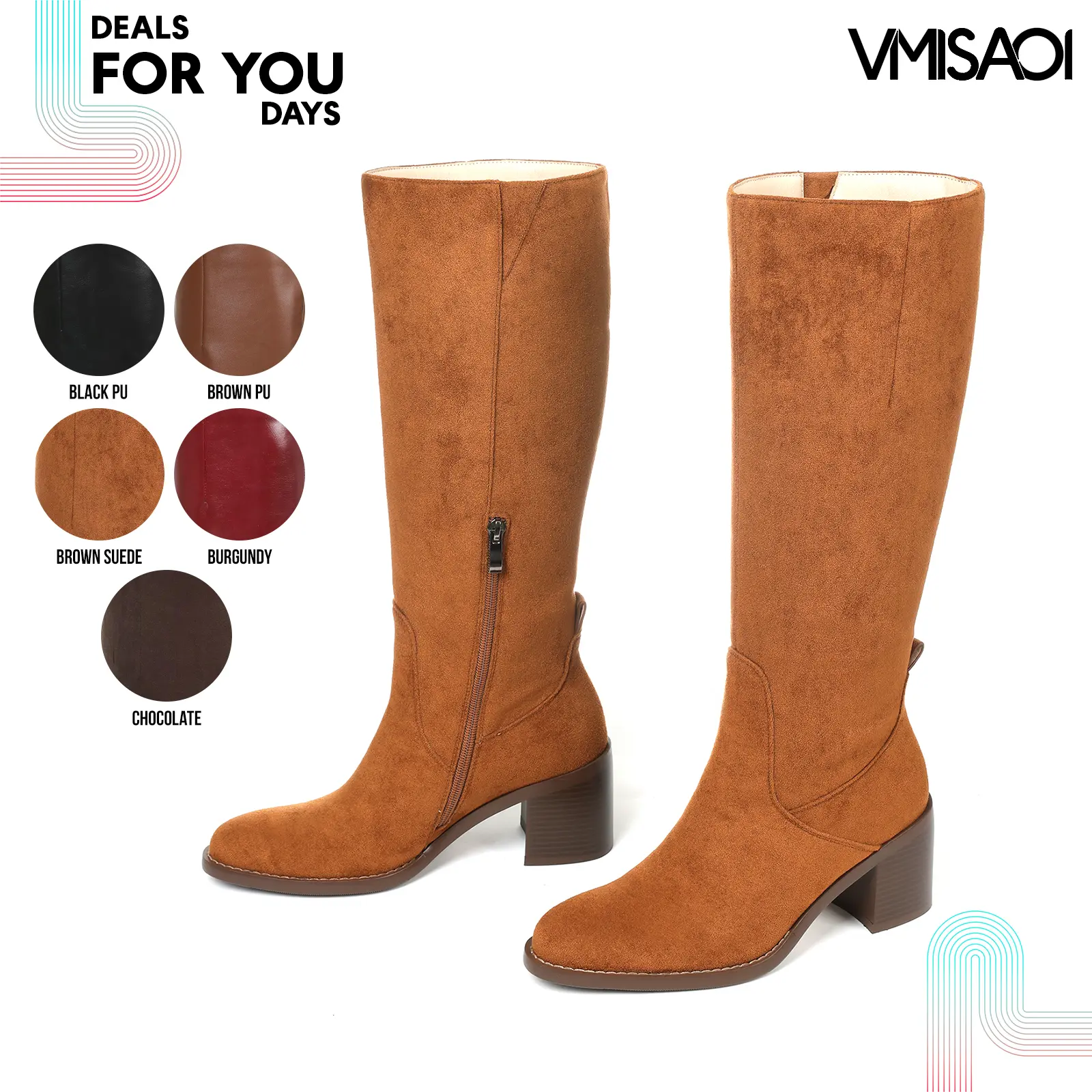 Knee High Boots for Women Pointed Toe Chunky Block High Heel Side Zipper Comfortable Fashion Party Date Dress Trendy Classic Tall Boots Deals For You Days