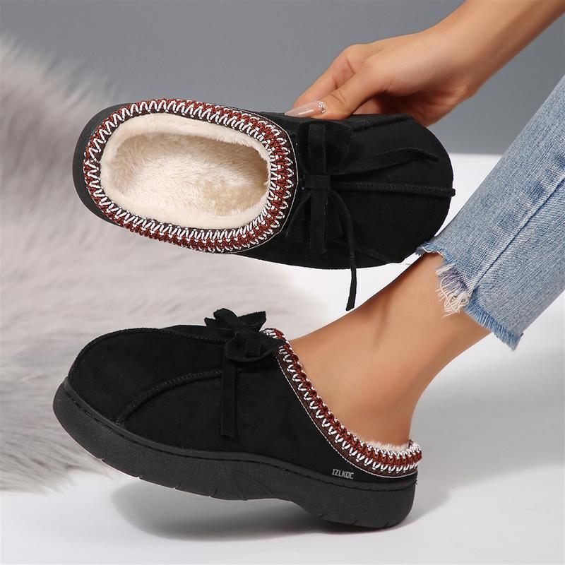 Women's Winter Warm Fuzzy Slippers Bow Accent Slip-On Thick Sole Versatile Indoor Outdoor Shoes