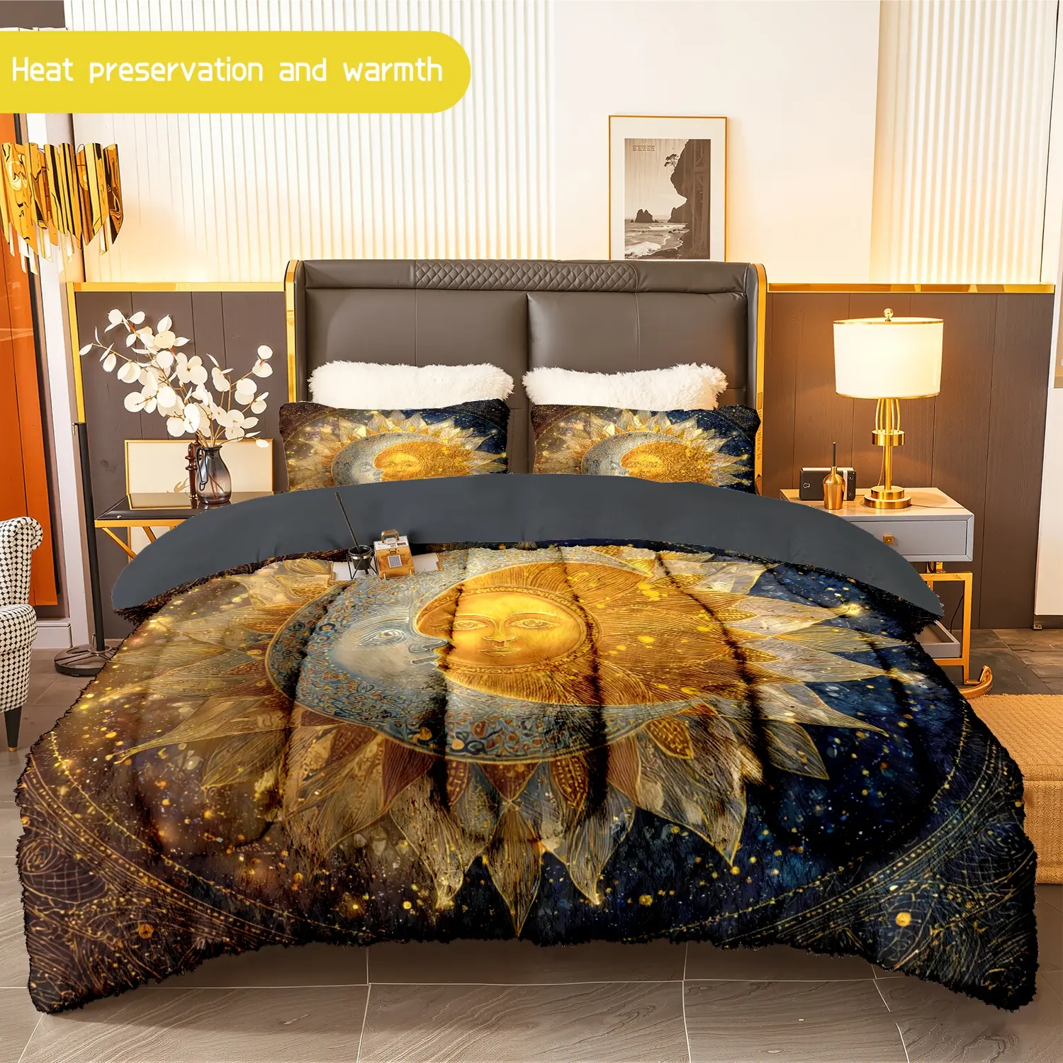 3pcs (1 comforter + 2 pillowcases) Sun - Moon Flannel & Milk Velvet Comforter Set, Ultra - Soft Warm Bedding Set for Adults, Cozy Milk Velvet Quilt Set, Trendy Bedding Essentials