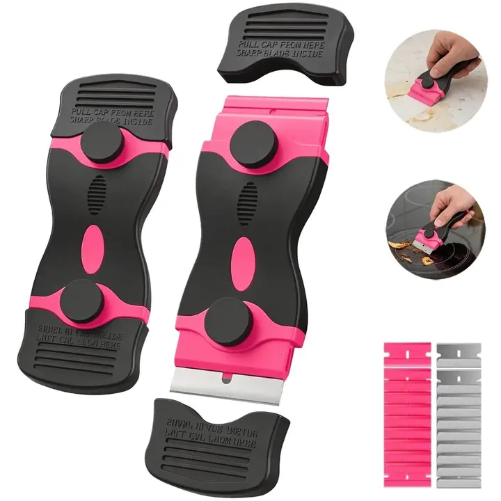 Pink Razor Blade Scraper Tool, Cleaning Razor Scraper, 2-in-1 Scraper Tool Set with 20Pcs Razor Blades for Glass Top Stove, Oven Door, Window Labels, Stickers, Tape, Glue, Adhesive, Sticker Removal, Scratch-Free Household Cleaning Tool