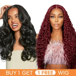 Buy 1 Get 1 Free Blend Human Hair Wig | Soft Natural Hair Lace Front Wig 180% Density, #1B Body Wave Wig & 99J Corn Silk wig