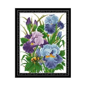 Iris Flower Cross Stitch Kit 187x242 Counted Embroidery DIY Craft Traditional Floral Wall Art for Living Room Holiday Gift Premium Threads Pre-Printed Fabric Needles Easy Instructions