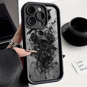 Abstract Crow Skull Rose Pattern Case for iPhone 17 Pro Max 16 16e 15 14 Plus 13 12 Mini 11 Air X XS Pattern Soft TPU Rubber Camera Protection Rugged Mobile Phone Cover Gift 2D printing Protective Shockproof