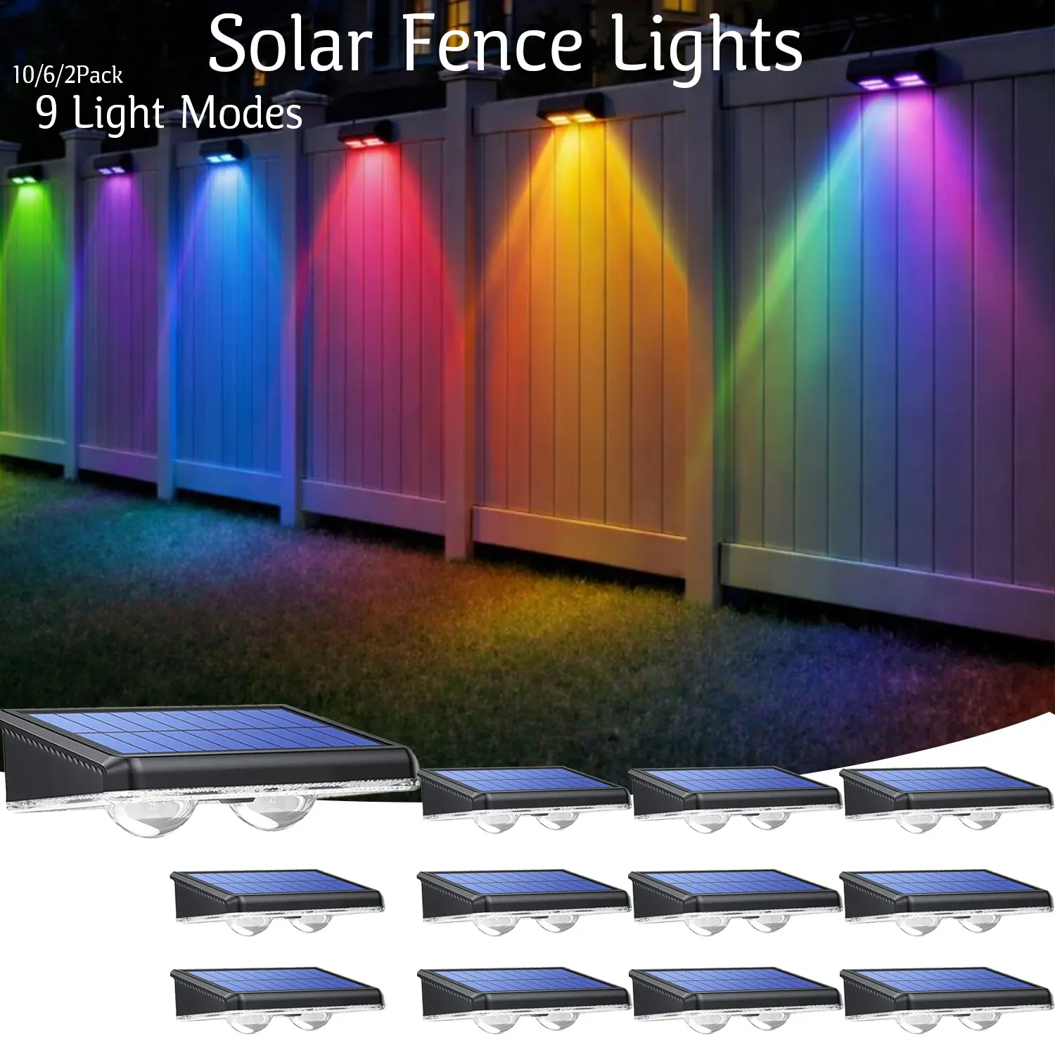 Stainless Steel & ABS Outdoor Solar RGB Fence Lights - 7 RGB, 9 Fixed Colors, Warm/Cool White, IP44 Waterproof, Silicone, Batteries, Cells, Water Resistant LED Lights for Patio, Deck, Railing