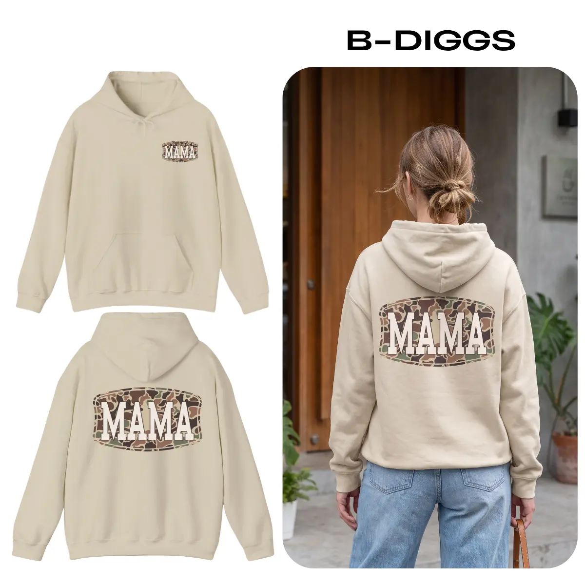 Camo Mama 2 Sided Hoodie, Trendy Camouflage Graphic Pullover, Cool Streetwear Style, Mother’s Day Gift for Moms, Casual Apparel for Women