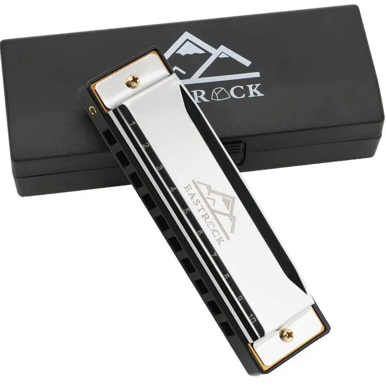 EastRock Blues Harmonica Mouth Organ Harp 10 Hole C Key with Case, Diatonic Harmonica for Beginner, Professional Player, Students gifts, Adult, Friends, Gift Silver
