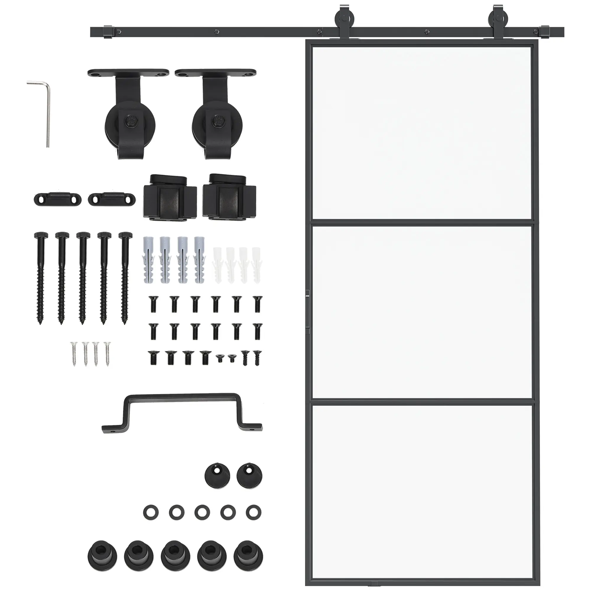 HOMCOM 36"x84" Industrial Frosted Tempered Glass Sliding Door - Space Saver for Small House, Carbon Steel Build, 220 lbs Capacity, 2x3ft Track, 2 x Anti-Jumper, 2 x Floor Guide, Hardware Kit & Handle Included, Easy Installation, Super-Quiet Operation