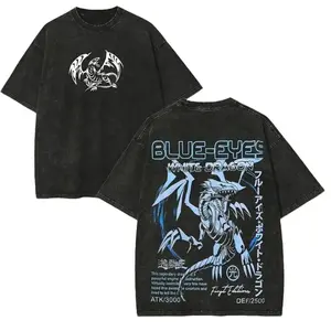 Retro Snow Washed Yu-Gi-Oh! Blue-Eyes White Dragon Manga Graphic Oversized T-Shirt,Premium Heavyweight Cotton Casual Streetwear Short Sleeve Tee,Y2K Aesthetic Soft Breathable Unisex Apparel,Trendy Daily Wear For Card Game Anime Enthusiasts