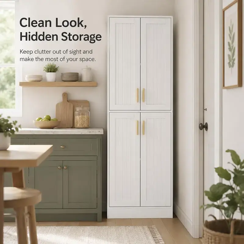 Tall White 4-Door Kitchen Pantry Cabinet | Hide All Your Messy Food Supplies, Perfect For Small Apartment Kitchen & Laundry Room