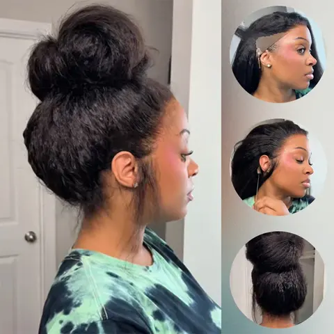 Women's Glamorous MYLOCKME 360 Glueless Full Lace Human Hair Wig - 180 Density Kinky Yaki Straight Brazilian Hair, 13x6 HD Lace Frontal, Preplucked, 32-34 in, Glamorous Human Hair 360 Lace Wigs