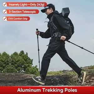 Four-section telescopic trekking pole made from lightweight durable aluminum alloy with anti-slip handle, suitable for hiking, trekking, forest exploration and outdoor adventures