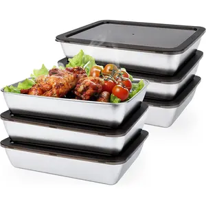 6 PCS Stainless Steel Food Storage Containers with lids,2.16 Inch Deep, 8x10 Inch Stainless Steel Oven plate, Metal Roasting Pan for Meal Prep、Meat,