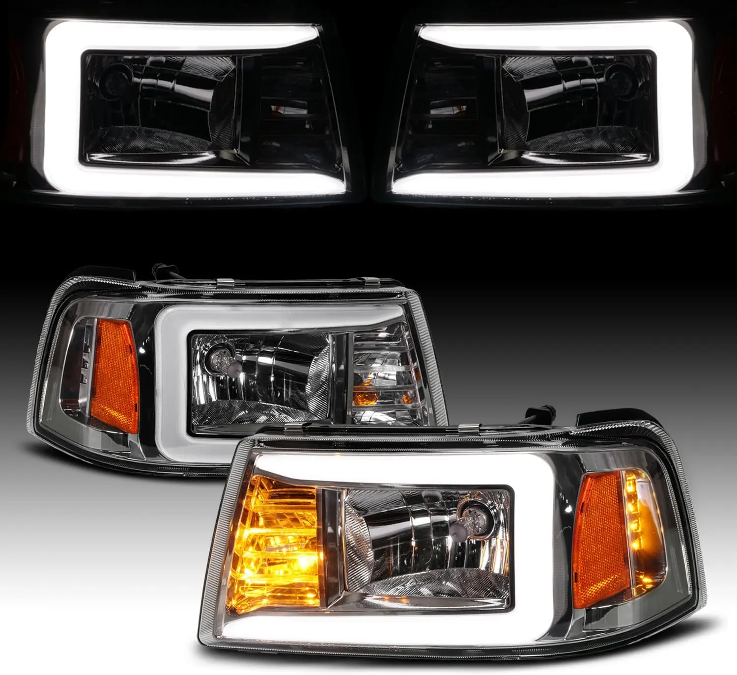 AmeriLite for 2001-2011 Ford Ranger LED Tube Replacement Gun-Metal Headlights w/Corner Lamp Set - Passenger and Driver Side