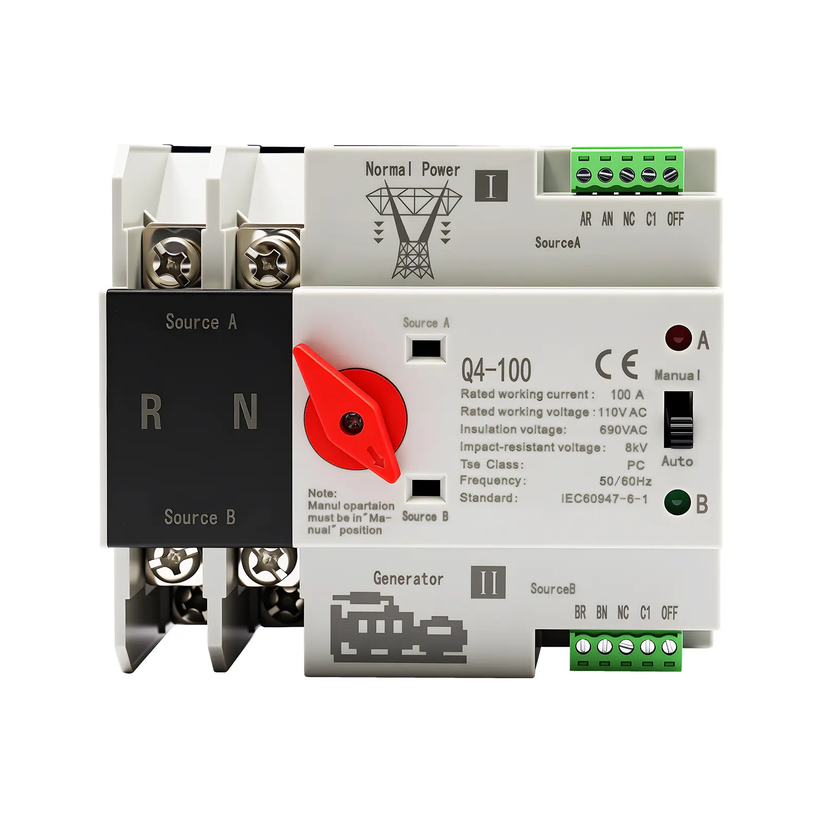 CNCEST 2P Dual Power Automatic Transfer Switch, 100A Rated Current, 690V Insulation, 8kV Rating, 50Hz/60Hz Compatibility, Stable Auto/Manual Mode, Robust Unit for Commercial Electrical System Backup