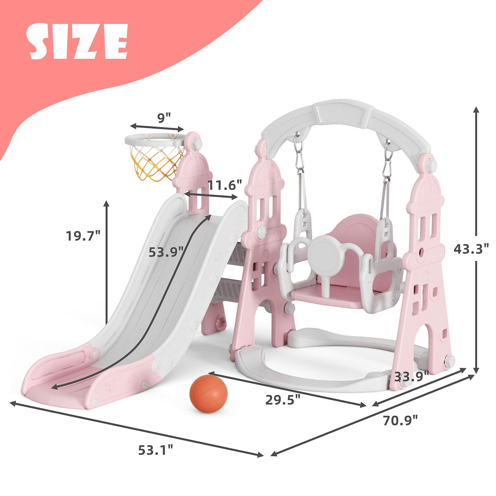 KORIMEFA 4-in-1 Kids Slide and Swing Set with Basketball Hoop Climbing Ladder Multifunctional Play Center for Active Fun Age 1+ Years Indoor Outdoor Playset Safe Durable HDPE Material - Playground Equipment Playroom Sport