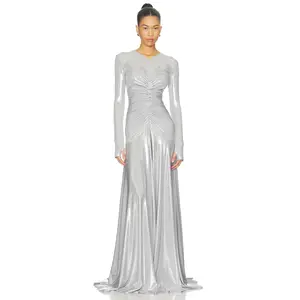 Norma Kamali Long Sleeve V Neck Shirred Front Flared Gown in Silver