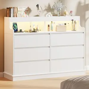 Dresser for Bedroom, 6 Drawer Dresser with LED Lights and Charging Station, Wide Chest of 6 Drawers with Open Space, Modern Large Capacity Storage Cabinet, Living Room, Hallway