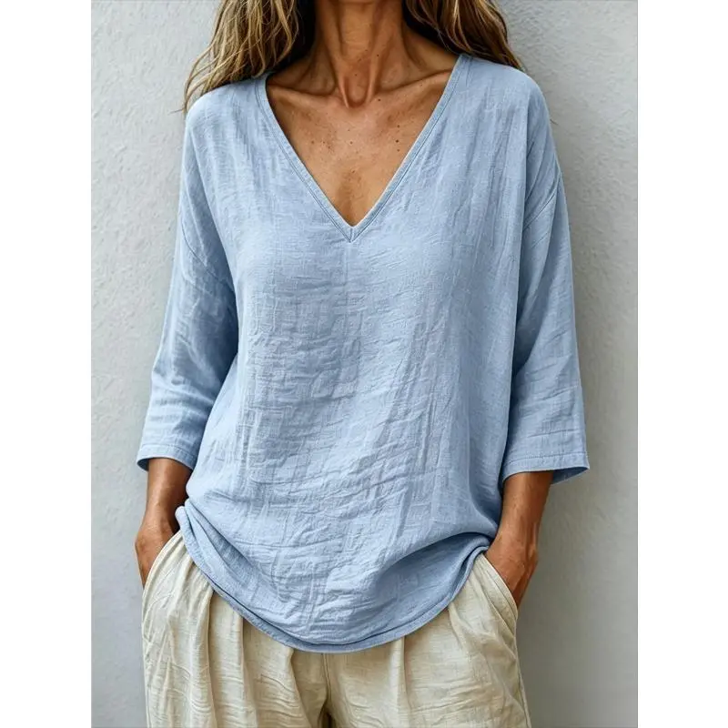 Women's V-Neck 3/4 Sleeve Casual Blouse - Loose, Breathable Fashionable Summer Top