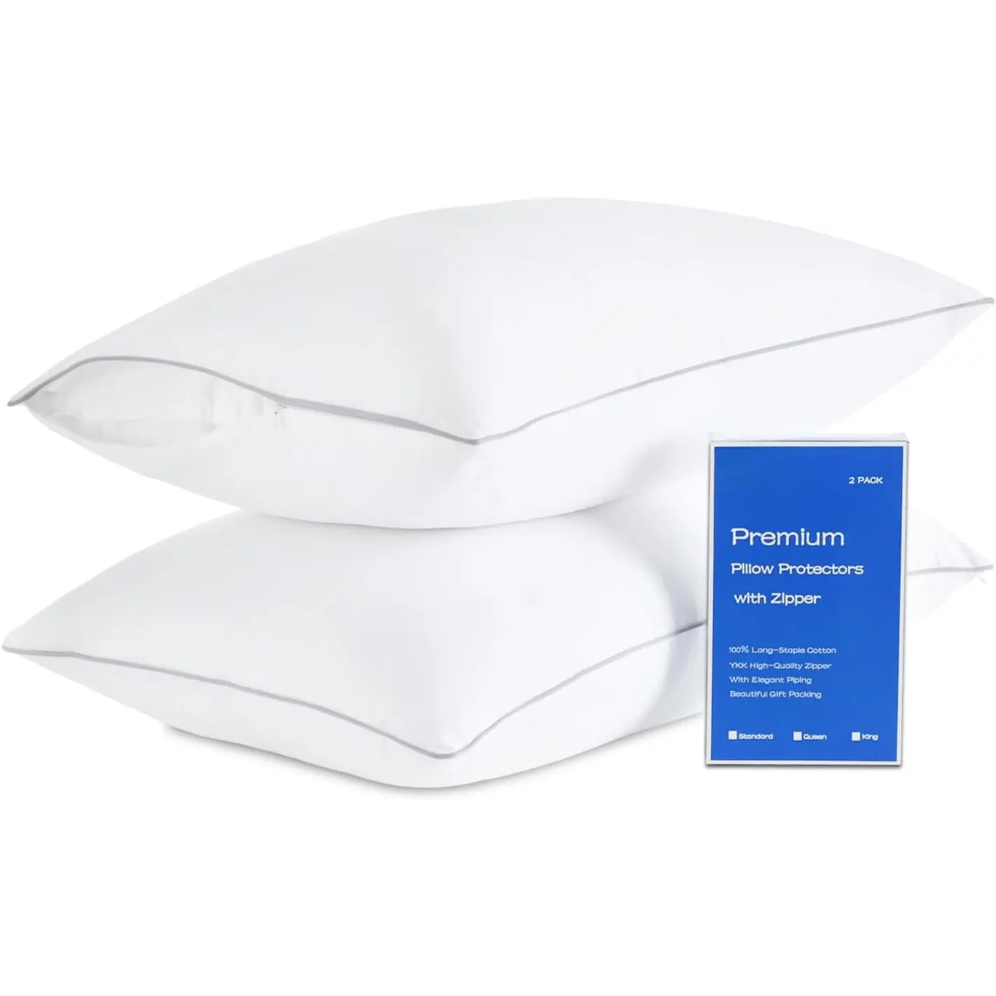 Soft  Long-Staple Cotton Pillow Protectors With Zipper, Standard Size 20x26, Set of 2 White Cases,  Zippered Cover for