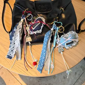 Miu-Inspired Niche-Style Lace and Denim Heart-Shaped Couple's Keychain, Sports & Outdoor Bag Accessory with Woven Lanyard Charm, Car Keychain