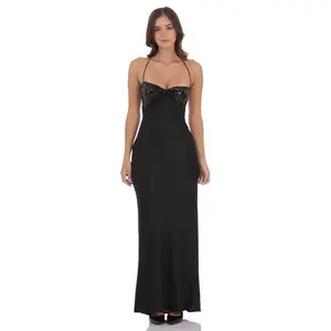 Black Sequin Bust Satin Maxi Dress – Elegant Spaghetti Strap Evening