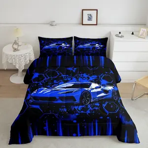 Race Car Comforter Set,Racing Car Bedding Set,Room Decor Honeycomb Sports Cars Comforter,Blue Black Extreme Sports Bed Set for Boys Girls Teens