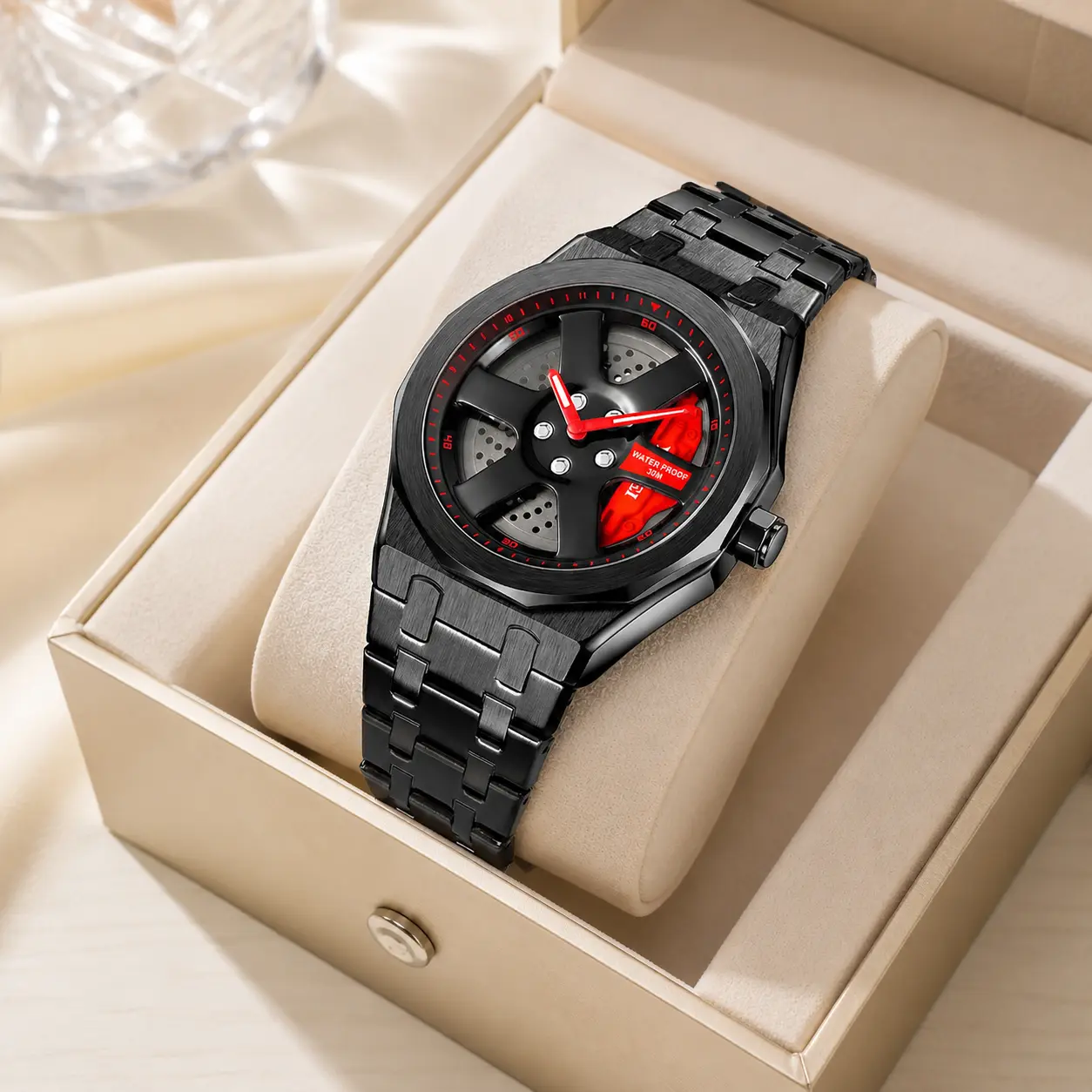 Sporty Quartz Wristwatch with Durable Metal Strap for Men - Precision Analog Timepiece Featuring Unique Wheel Hub Dial Design and Water-Resistant Performance for Active Lifestyle and Daily Casual Wear