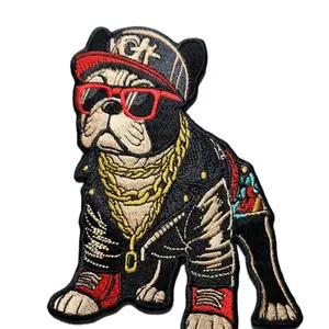 Patch Party Club, (1-pc) Stylish Bulldog Hip-Hop Embroidered Patch, Sz 6" Streetwear Bulldog with Chain & Red Glasses, Iron-on Jackets, Hats