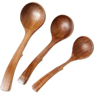 3-Piece Teak Wooden Spoon Set for Cooking & Serving - Non-Scratch, Heat-Resistant Utensils with Hanging Hooks - Stirring Spatulas for Non-Stick Pans, Bowls & Pots Kitchen cooking spoons