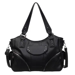 Women's Y2K Vintage Top-Grain Cowhide Tote - Large-Capacity Biker Style, Soft Leather Shoulder/Crossbody Option, Lightweight Elegant Commuter Document Carrier, Fashionable Summer Everyday Accessory