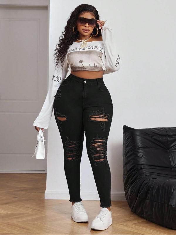 Women's Fashion New Plus Size Denim Ripped Design Faux Fur Hem High Elasticity Skinny Pants, Casual Plain Long Trousers for All Seasons
