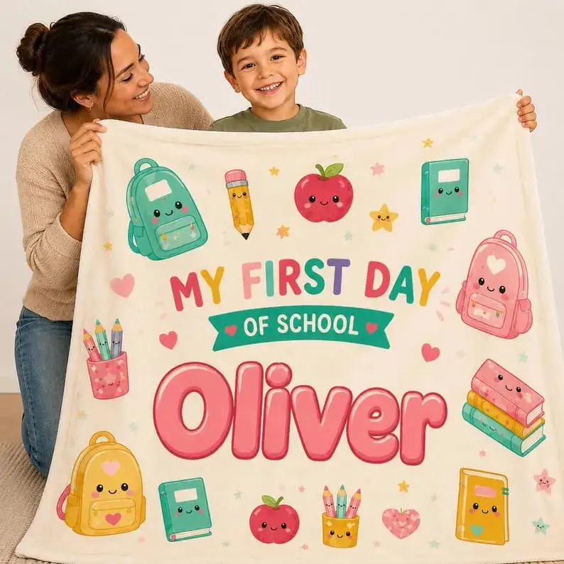 Personalized First Day of School Baby Blanket, Custom Kids Name Blanket, Back to School Gift, Kawaii Nursery Decor