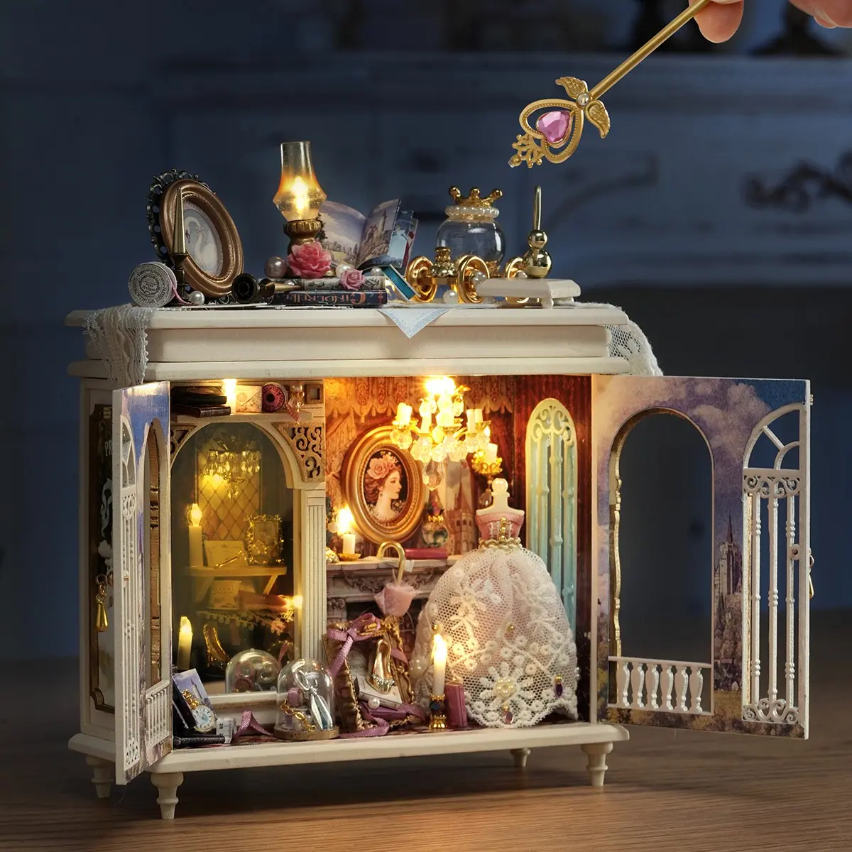 Princess Style Vintage Cream Mini Cabinet DIY Model, Crystal Shoe Tutu Magic Wand Light Design, Desktop Decor, Birthday Gift, Miniature Houses