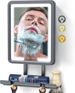 Lighted Shower Mirror Fogless for Shaving, Heated Fogless Shower Mirror with 3 Colors Stepless Dimmable Lights, Rechargeable Adjustable Shaving Mirror with Razor Stand, Brush Holder for Men
