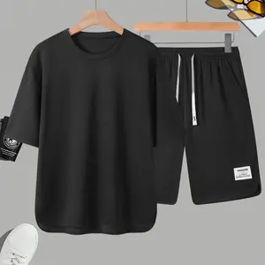 Men’s summer short-sleeve set featuring a crewneck T-shirt in solid color, lightweight and breathable shorts—two-piece outfit, essential for casual wear, sports, and outings in summer.